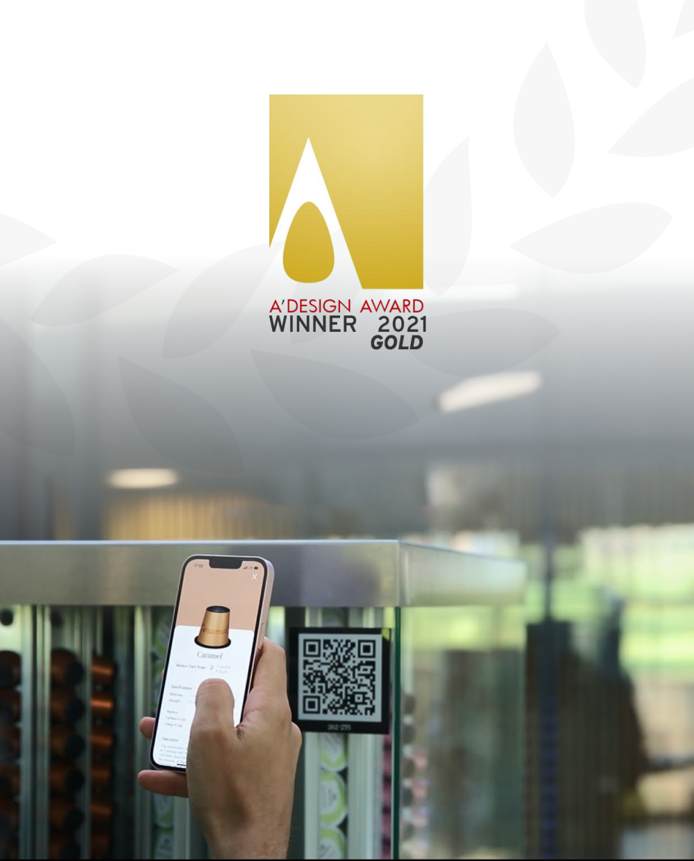 Über dem Dropper schwebt der goldene A'DESIGN Award aus dem Jahr 2021.