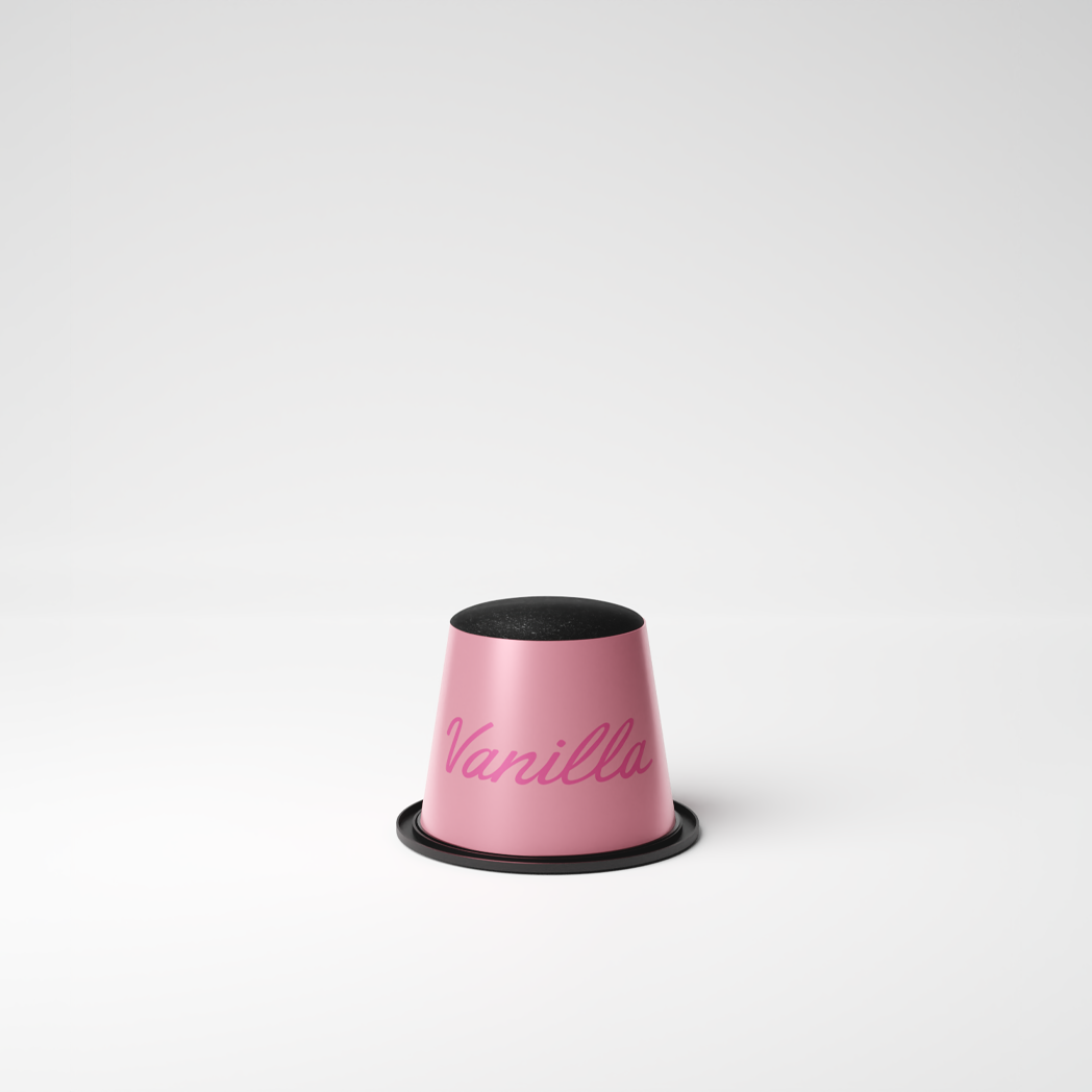 Eine Kaffeekapsel mit Vanillegeschmack auf weißem Hintergrund