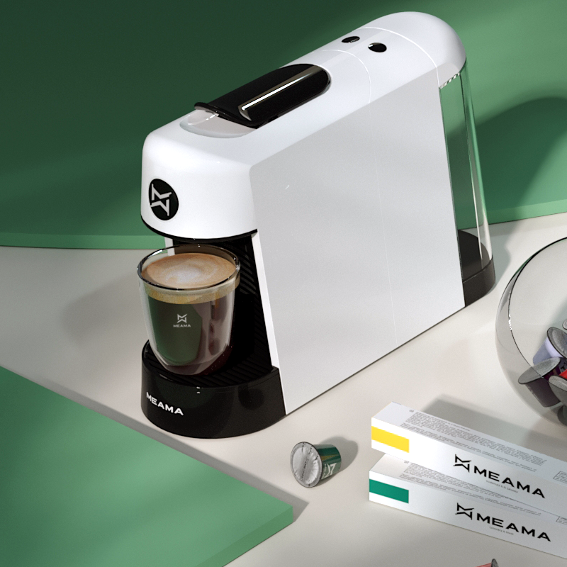 Meama Espresso Kaffeemaschine in weiß mit Kapseln