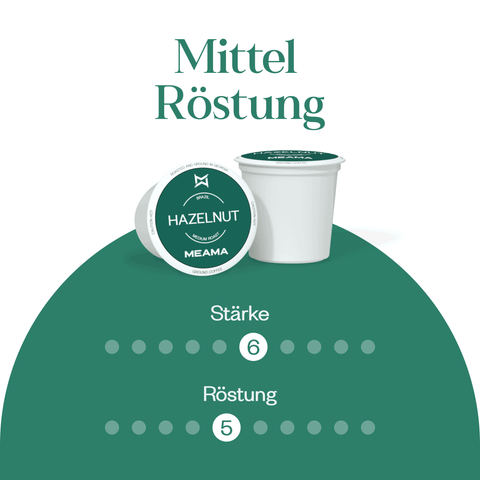 Meama Kaffeekapseln Haselnuss, Intensität Stufe 6 von 10, Röstung Stufe 5 von 10