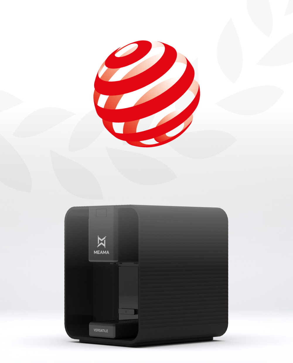 Die schwarze Versatile steht auf weißem Hintergrund darüber schwebt das Logo vom Red Dot Award
