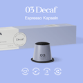Meama Espresso-Kaffeepasel Decaf Produktverpackung und Kapseln