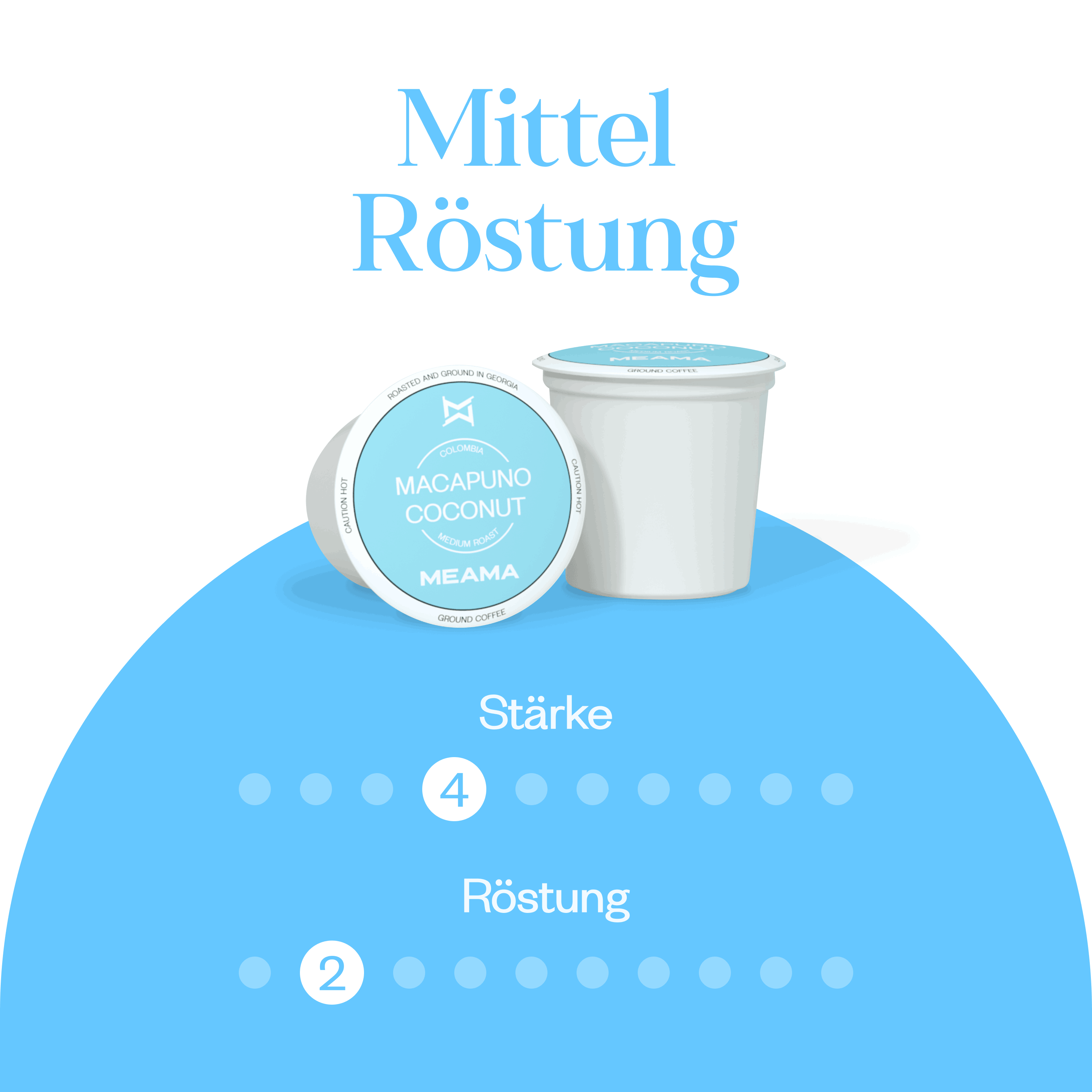 Meama Kaffeekapseln Macapuna Cocomut, Intensität Stufe 4 von 10, Röstung Stufe 2 von 10