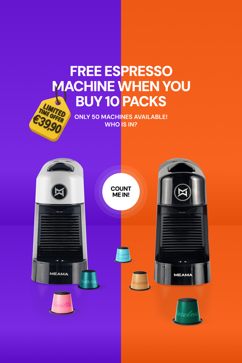The white and black espresso machines are placed on a blue and orange background, surrounded by espresso capsules. Text in the center of the image: Free Espresso Machine when you buy 10 packs, only 50 machines available! Who is in?
